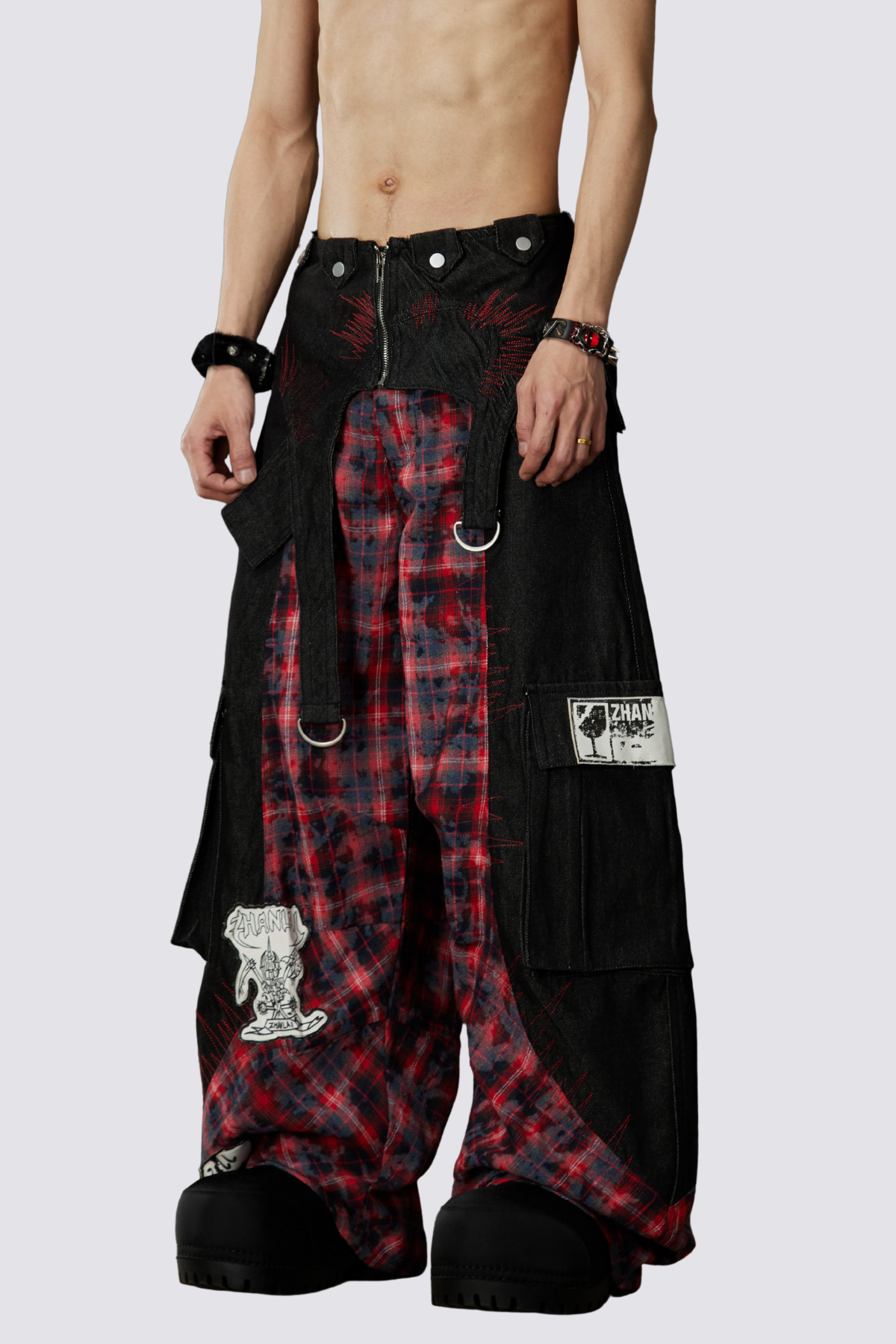 Night Mileage Embroidery Plaid Barrel Jeans Red