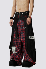 Night Mileage Embroidery Plaid Barrel Jeans Red