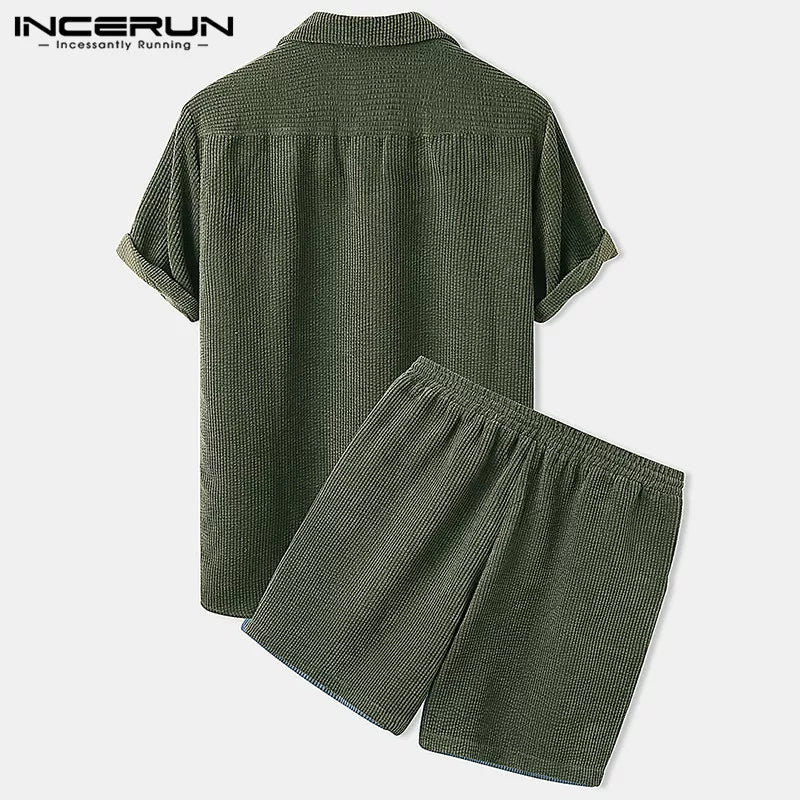 Men Corduroy Sets Short Sleeve Lapel Button Shirts