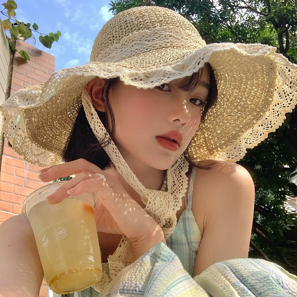 French style big hat edge sun hat, summer lace straw hat, women's sunscreen breathable hat