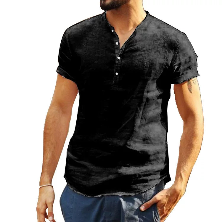 Shirt Men's Short Sleeve Button Breathable Stand Neck Top
