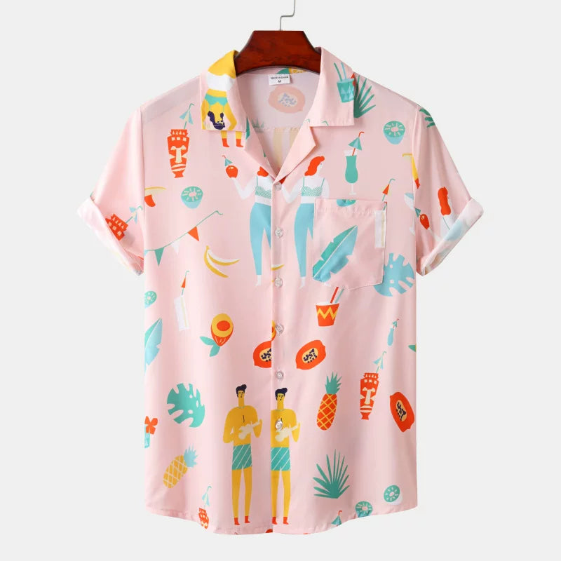 Vintage Hawaiian print men's short sleeved shirt, dress collar, youthful and trendy style, suitable for all seasons (5)