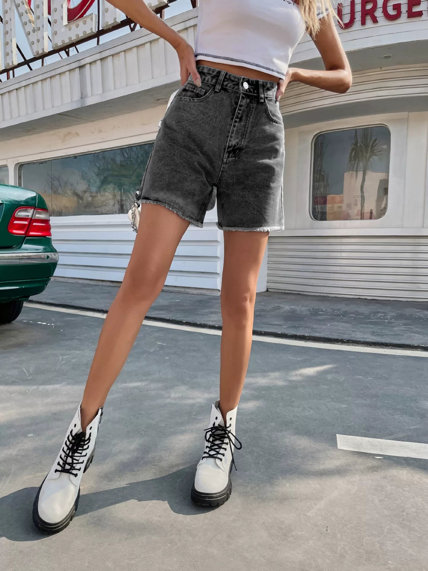 Loose casual female denim shorts high waist loose slim pants