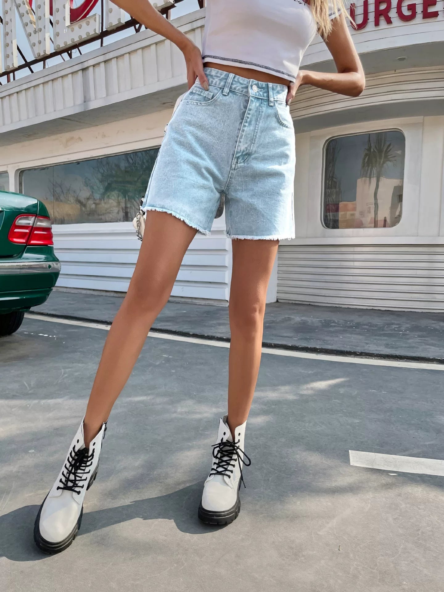 Loose casual female denim shorts high waist loose slim pants
