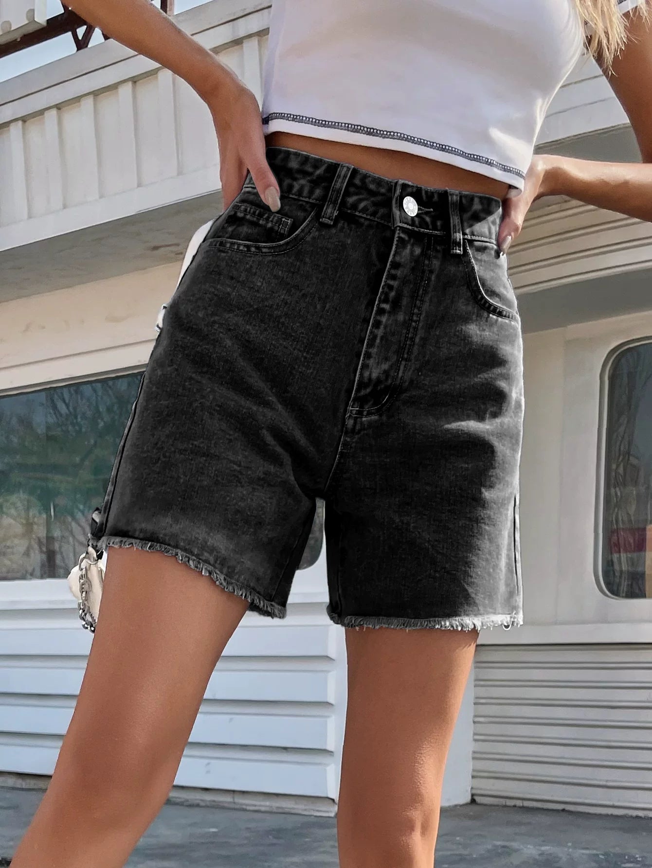 Loose casual female denim shorts high waist loose slim pants