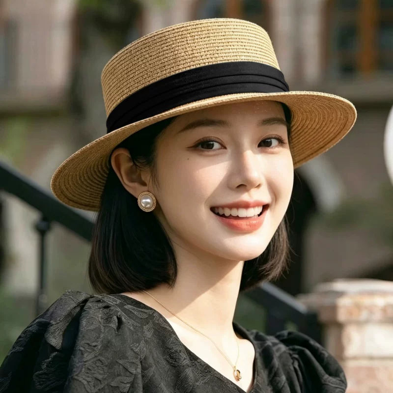 Breathable flat top straw hat for women in summer, woven top hat to show off face, small beach vacation, tourism, sun protection and sunshade hat