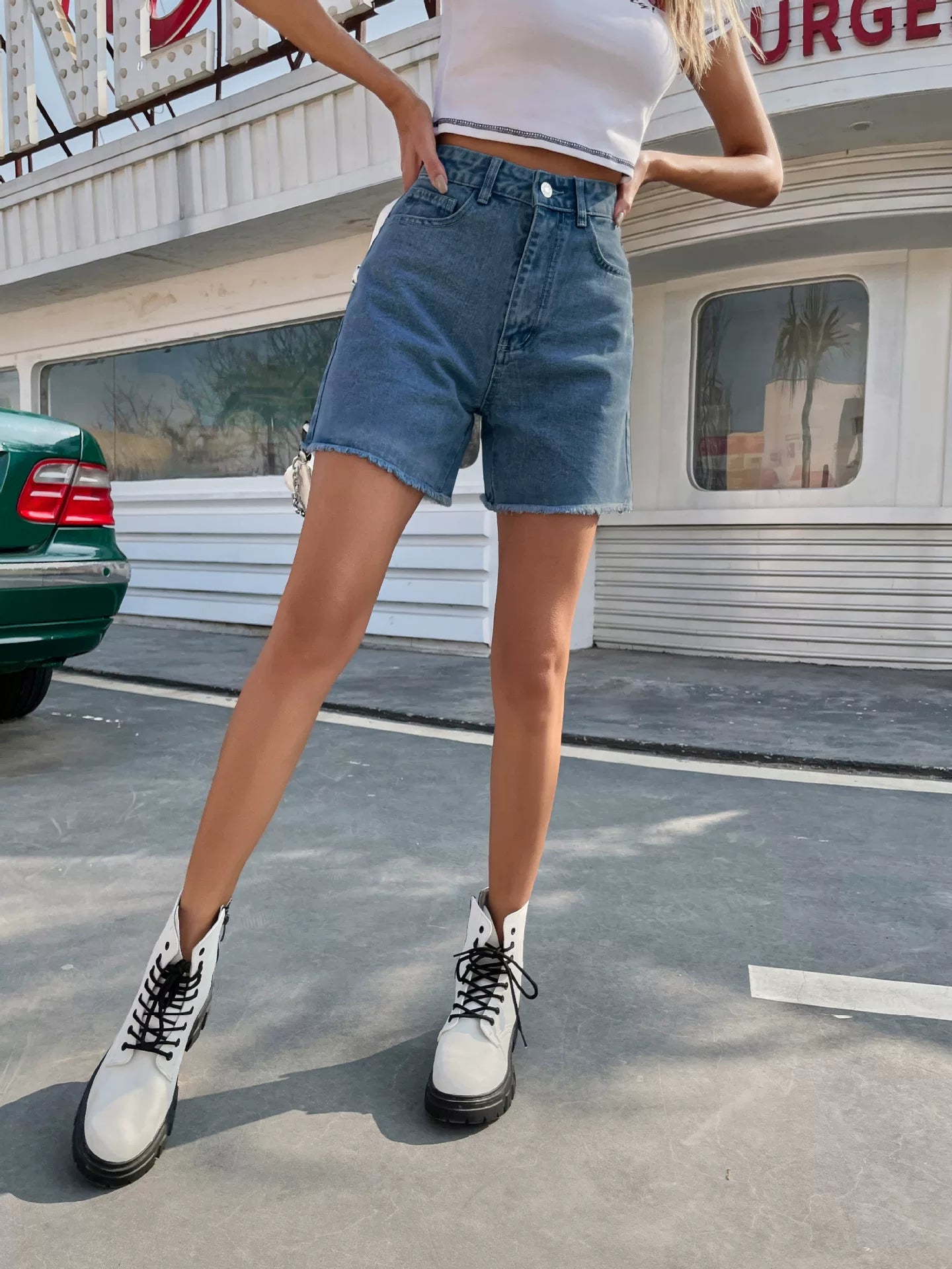 Loose casual female denim shorts high waist loose slim pants