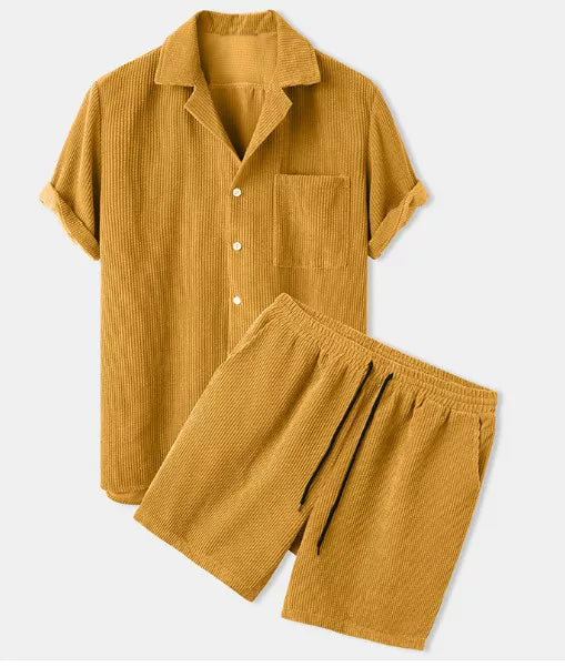 Men Corduroy Sets Short Sleeve Lapel Button Shirts