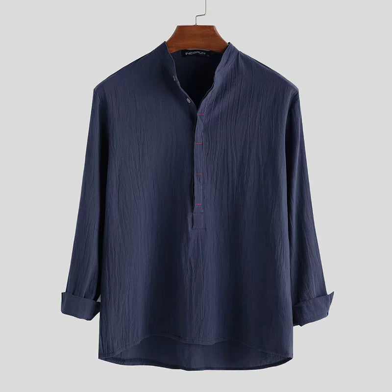 Mens casual loose cotton linen door-style long-sleeved shirt