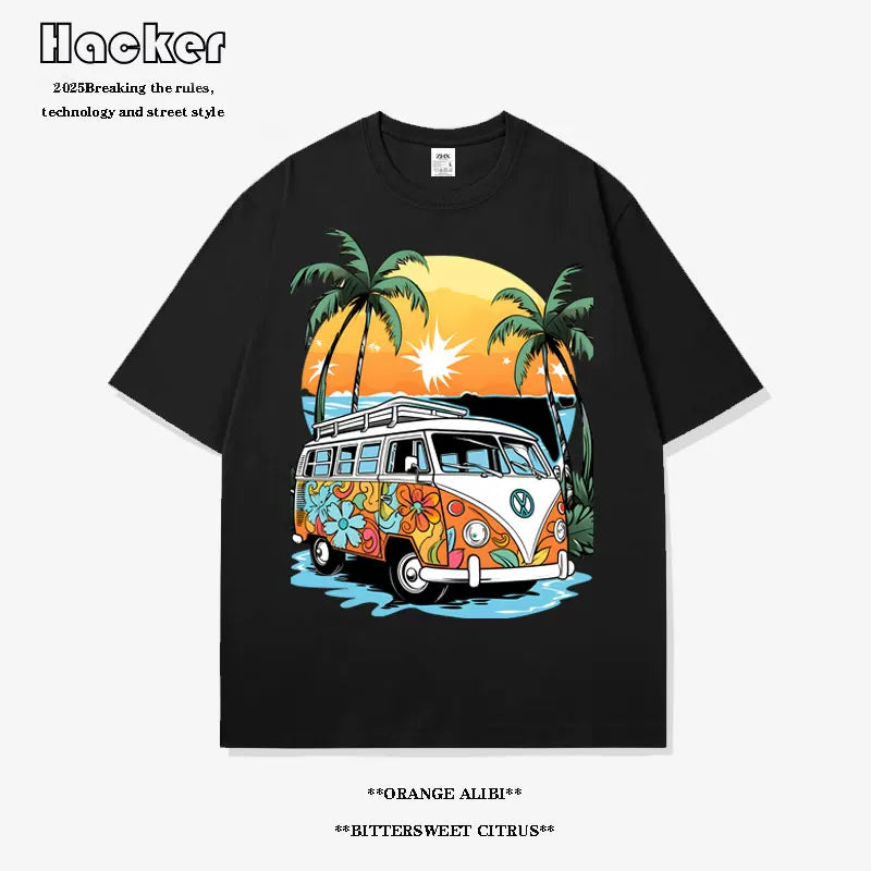 Q-Bar Pattern Hawaiian Cotton T-Shirt – Casual Summer Tee