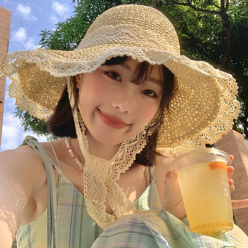 French style big hat edge sun hat, summer lace straw hat, women's sunscreen breathable hat