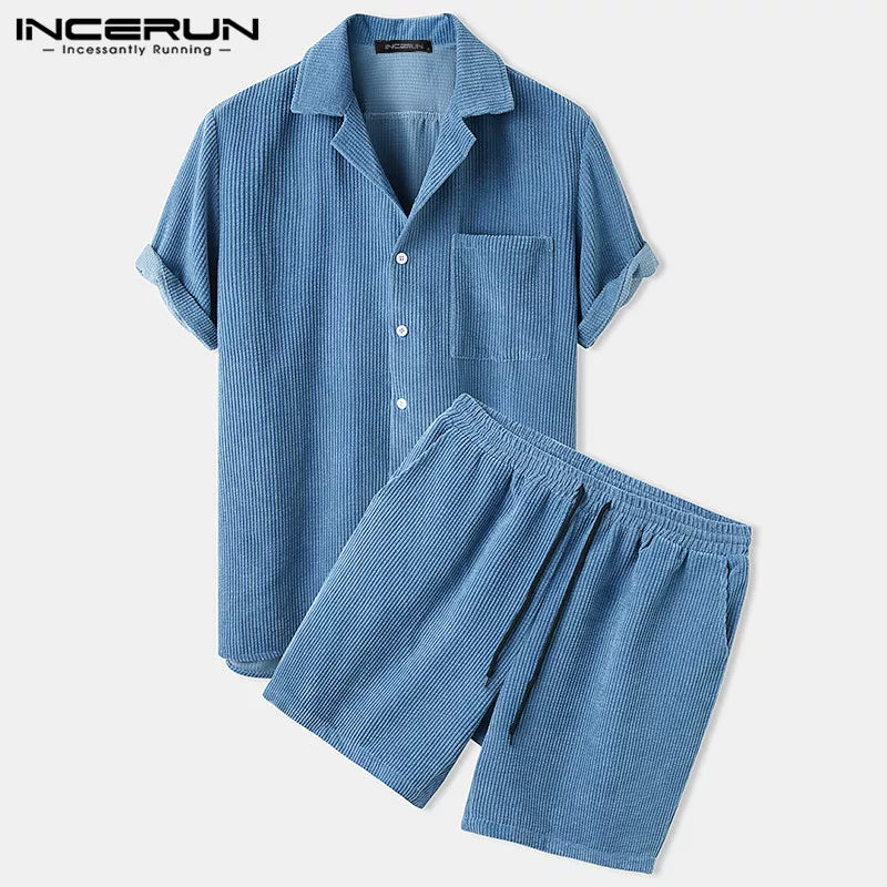 Men Corduroy Sets Short Sleeve Lapel Button Shirts
