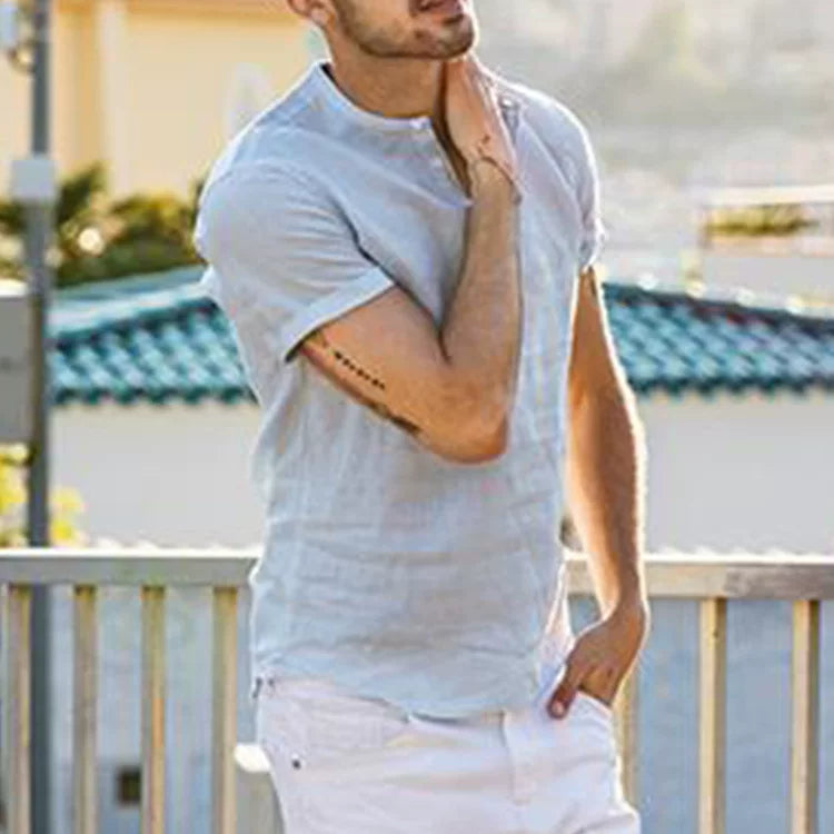 Shirt Men's Short Sleeve Button Breathable Stand Neck Top