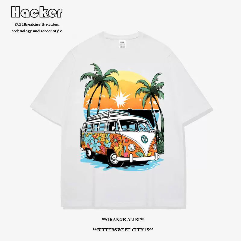 Q-Bar Pattern Hawaiian Cotton T-Shirt – Casual Summer Tee