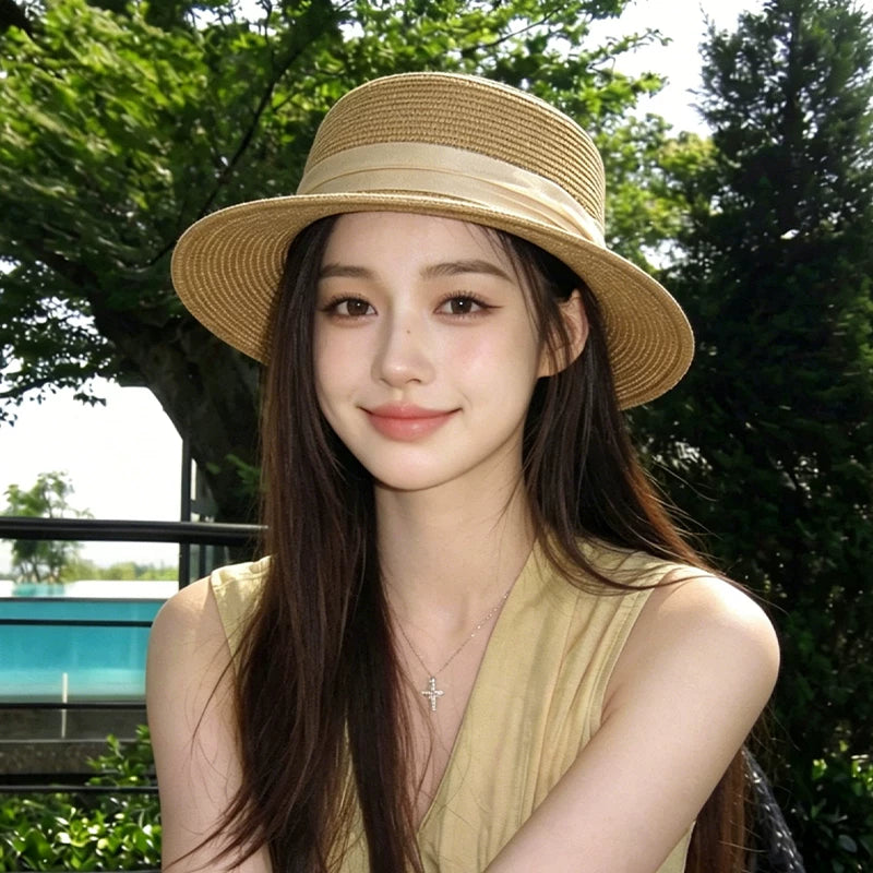 2026 new French woven flat top straw hat for women's summer sun shading and beach vacation weaving gift hat