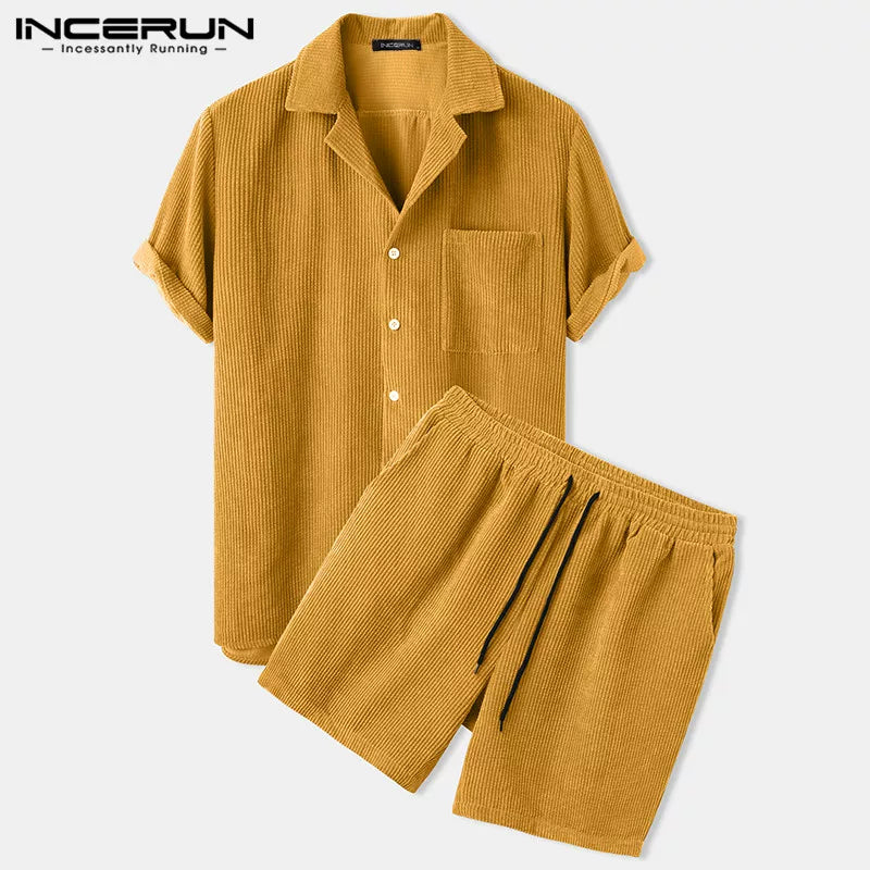 Men Corduroy Sets Short Sleeve Lapel Button Shirts