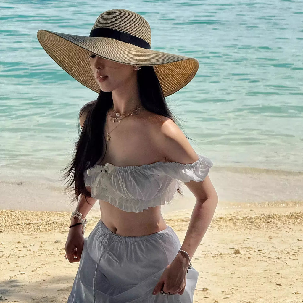 Straw hat women's seaside summer foldable 2026 new French style sun shading and sun protection beach hat with large brim vacation style sun hat