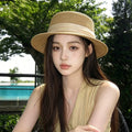 2026 new French woven flat top straw hat for women's summer sun shading and beach vacation weaving gift hat