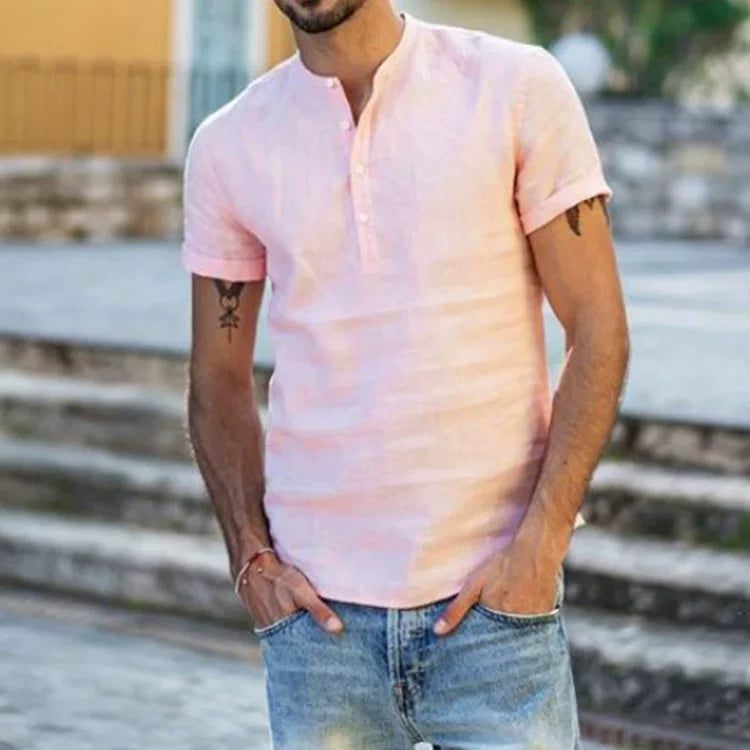 Shirt Men's Short Sleeve Button Breathable Stand Neck Top