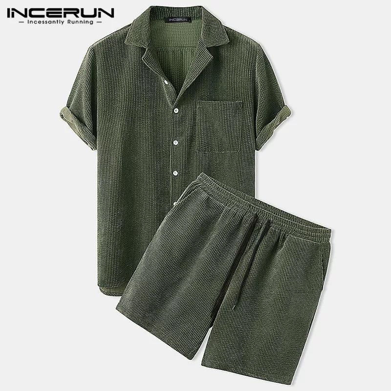 Men Corduroy Sets Short Sleeve Lapel Button Shirts
