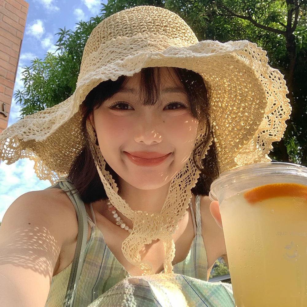 French style big hat edge sun hat, summer lace straw hat, women's sunscreen breathable hat