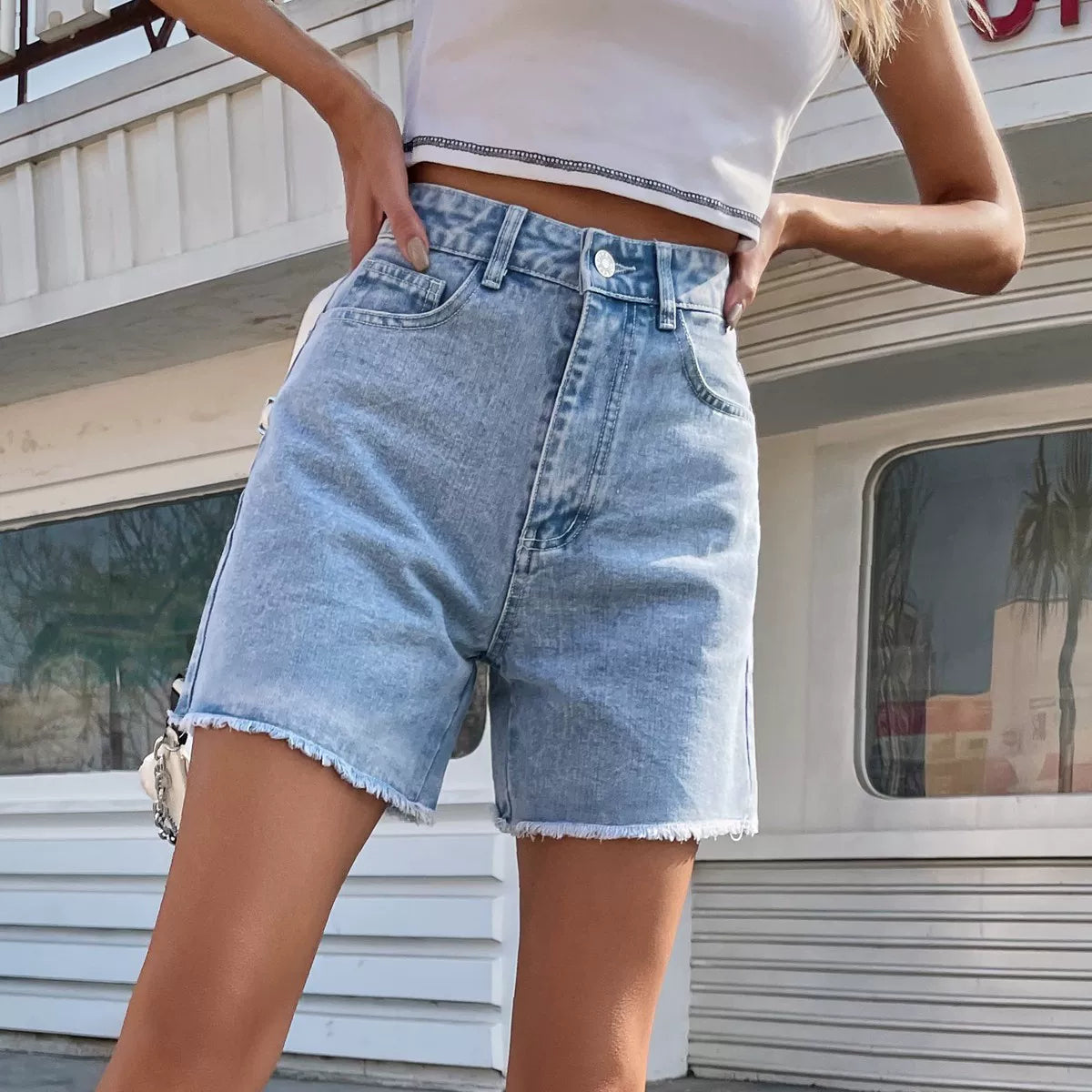 Loose casual female denim shorts high waist loose slim pants