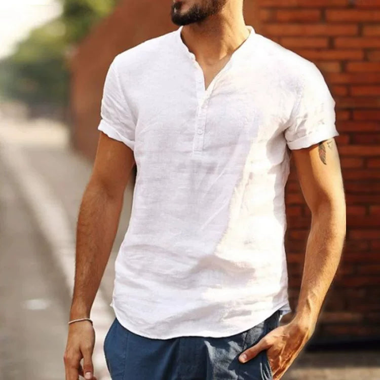 Shirt Men's Short Sleeve Button Breathable Stand Neck Top