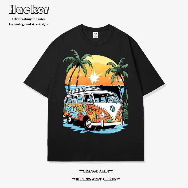 Q-Bar Pattern Hawaiian Cotton T-Shirt – Casual Summer Tee