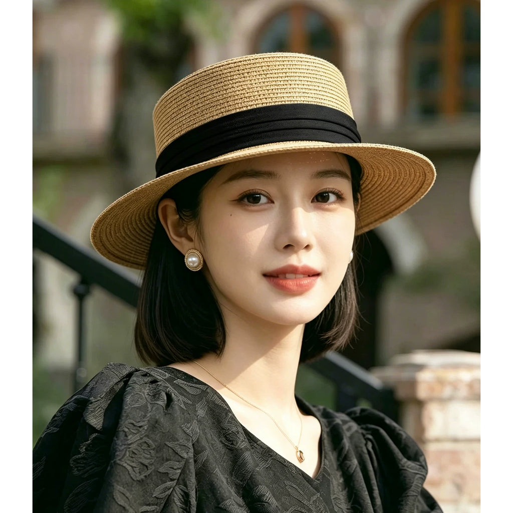 Breathable flat top straw hat for women in summer, woven top hat to show off face, small beach vacation, tourism, sun protection and sunshade hat