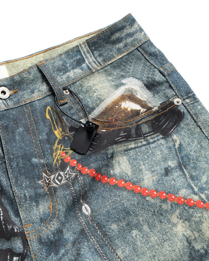 American Street Graffiti Print Washed Denim Shorts