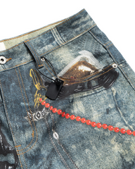 American Street Graffiti Print Washed Denim Shorts
