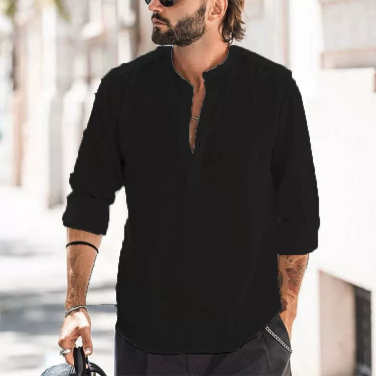 Men's casual vertical collar door barrel solid color shirts
