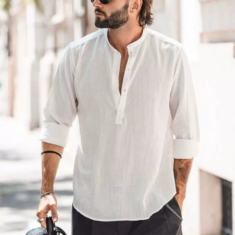 Men's casual vertical collar door barrel solid color shirts
