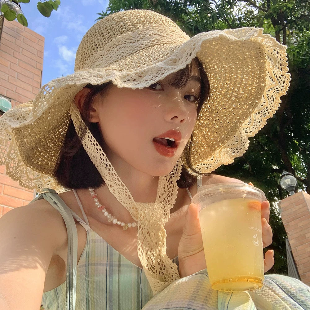 French style big hat edge sun hat, summer lace straw hat, women's sunscreen breathable hat
