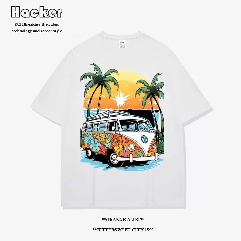 Q-Bar Pattern Hawaiian Cotton T-Shirt – Casual Summer Tee