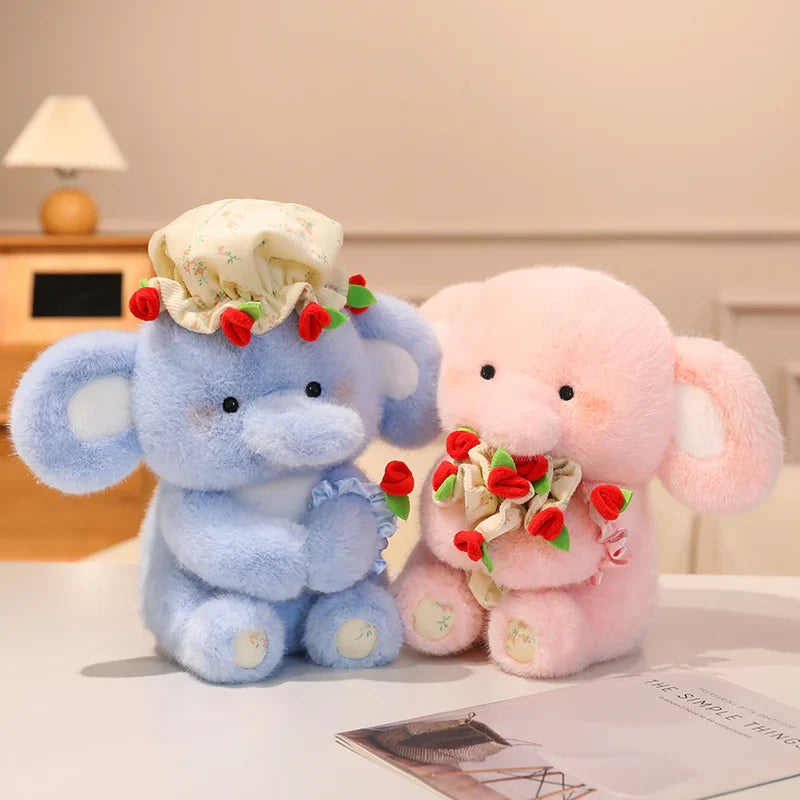Cute Elephant With Rose Bouquet Plush Toys 30cm - White/Blue/Pink