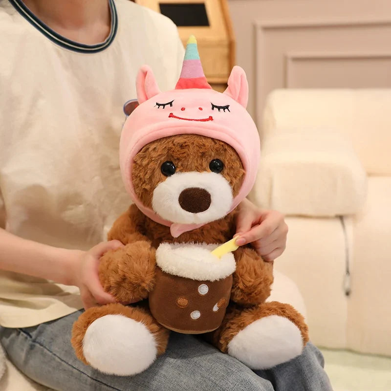 Cute Teddy Bear With Milk Bubble Tea And Animal(Shark/Rabbit/Dinosuar) Hat Dress Up Plush Toys 22/32