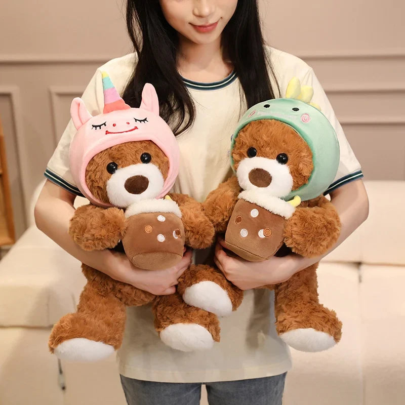 Cute Teddy Bear With Milk Bubble Tea And Animal(Shark/Rabbit/Dinosuar) Hat Dress Up Plush Toys 22/32