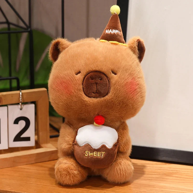 Cute White Bear/Capybara With Happy Birthday Hat And Cake Plush Toys 22cm - 4 Styles