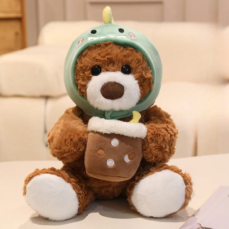 Cute Teddy Bear With Milk Bubble Tea And Animal(Shark/Rabbit/Dinosuar) Hat Dress Up Plush Toys 22/32