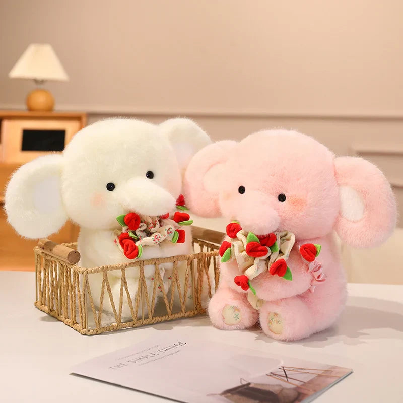 Cute Elephant With Rose Bouquet Plush Toys 30cm - White/Blue/Pink