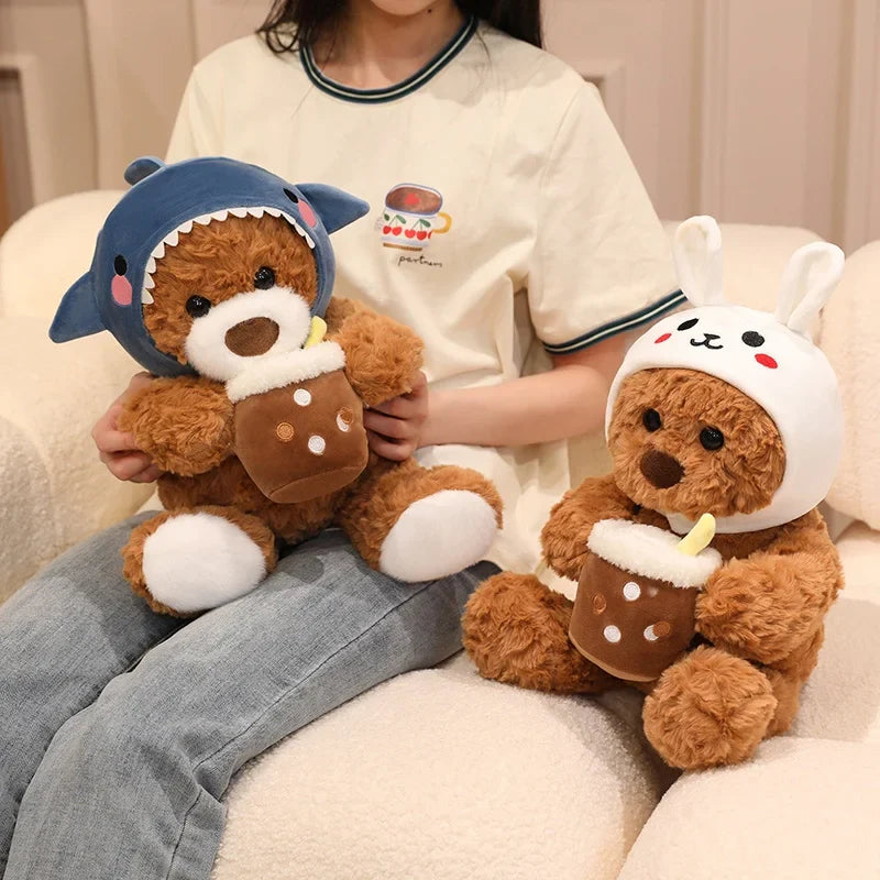 Cute Teddy Bear With Milk Bubble Tea And Animal(Shark/Rabbit/Dinosuar) Hat Dress Up Plush Toys 22/32