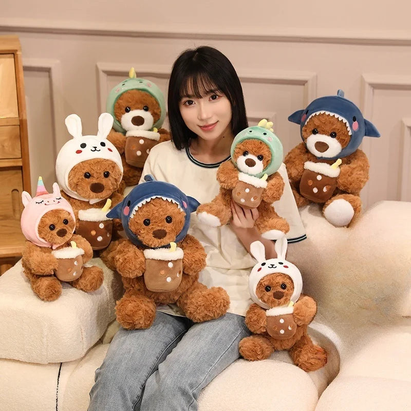 Cute Teddy Bear With Milk Bubble Tea And Animal(Shark/Rabbit/Dinosuar) Hat Dress Up Plush Toys 22/32