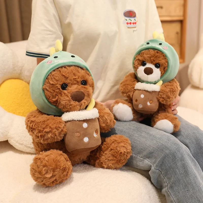 Cute Teddy Bear With Milk Bubble Tea And Animal(Shark/Rabbit/Dinosuar) Hat Dress Up Plush Toys 22/32