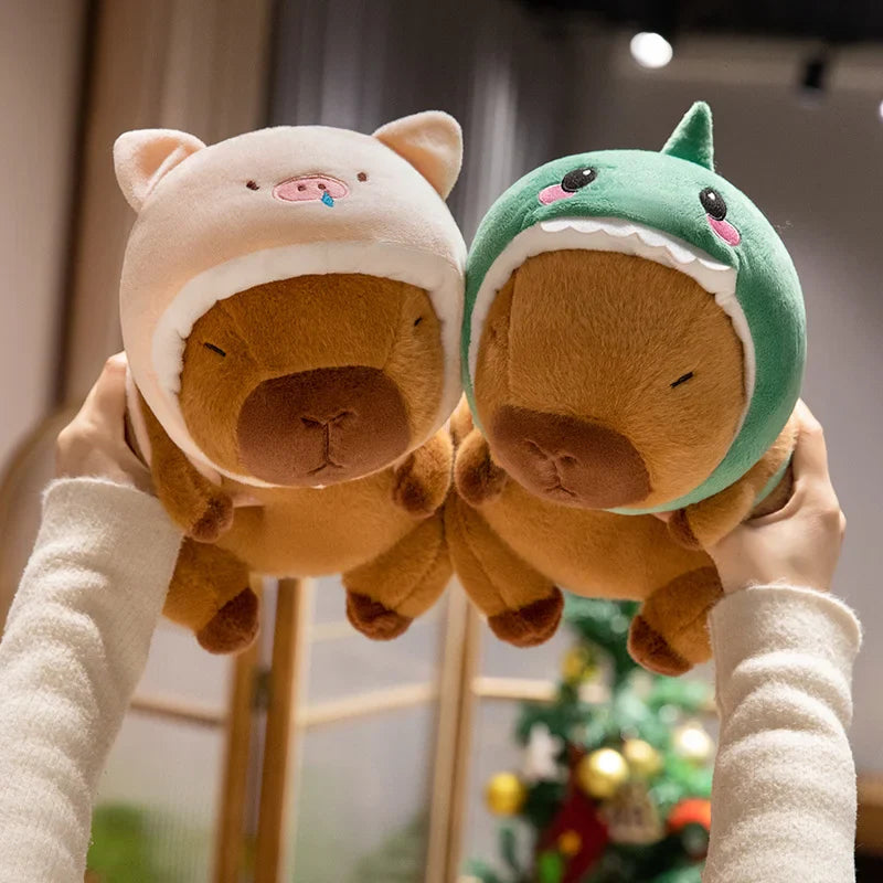 Cute Capybara With Animal (Chick/Dinosaur/Shark/Pig) Hat And Bag Plush Toys 22/28/38cm
