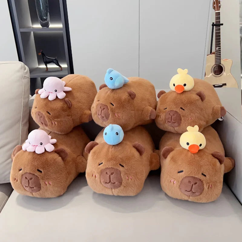 Cute Lying Capybara with Octopus/Wale/Duck on Head Plush Toys 32/42cm