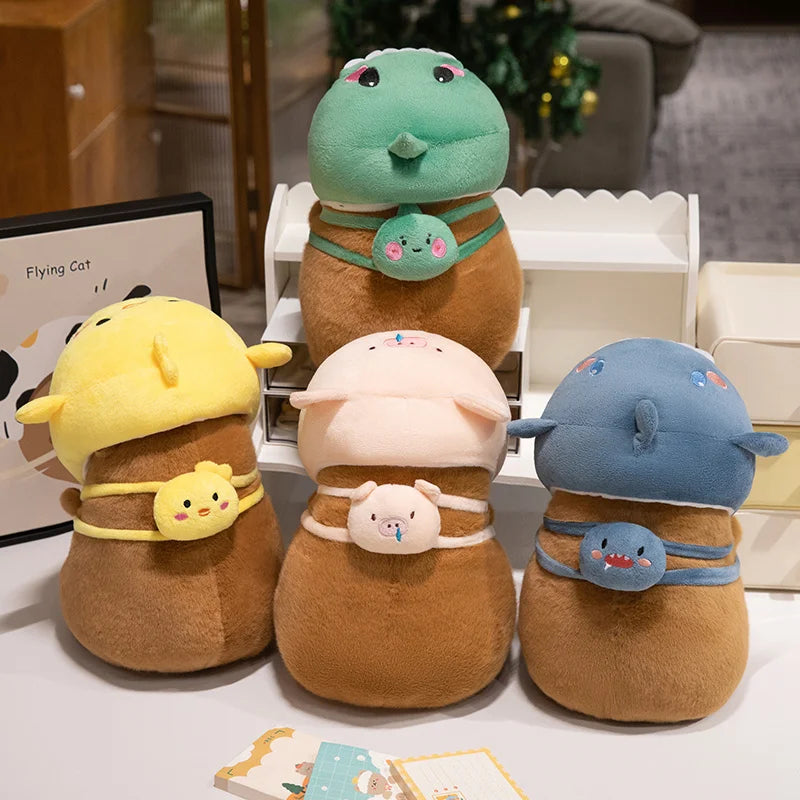 Cute Capybara With Animal (Chick/Dinosaur/Shark/Pig) Hat And Bag Plush Toys 22/28/38cm