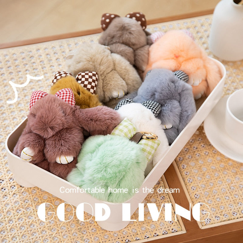 Bunny With Bow Plush Keychains (Green/White/Grey/Pink/Brown)- 8 Styles