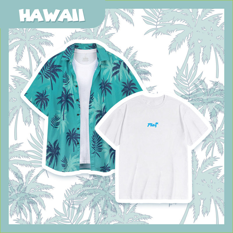 Men's Vice City Inspired Hawaiian Shirt – Tropical Palm Leaf Short Sleeve Button-Up Beach Vacation Shirt