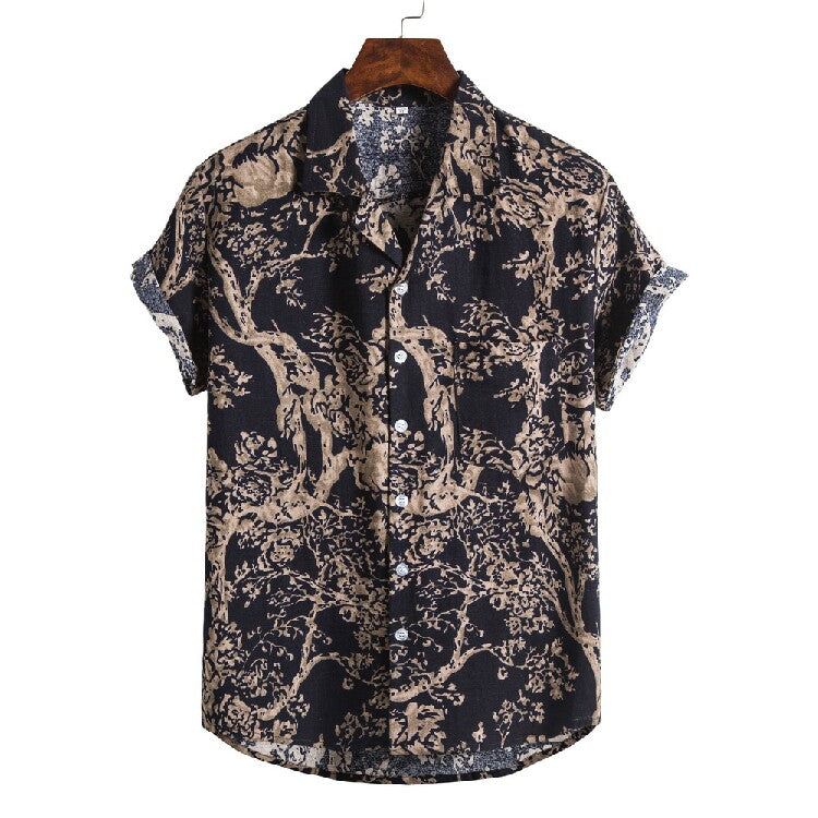 Men's Vintage Botanical Hawaiian Shirt – Casual Short Sleeve Button-Up Summer Beach Shirt